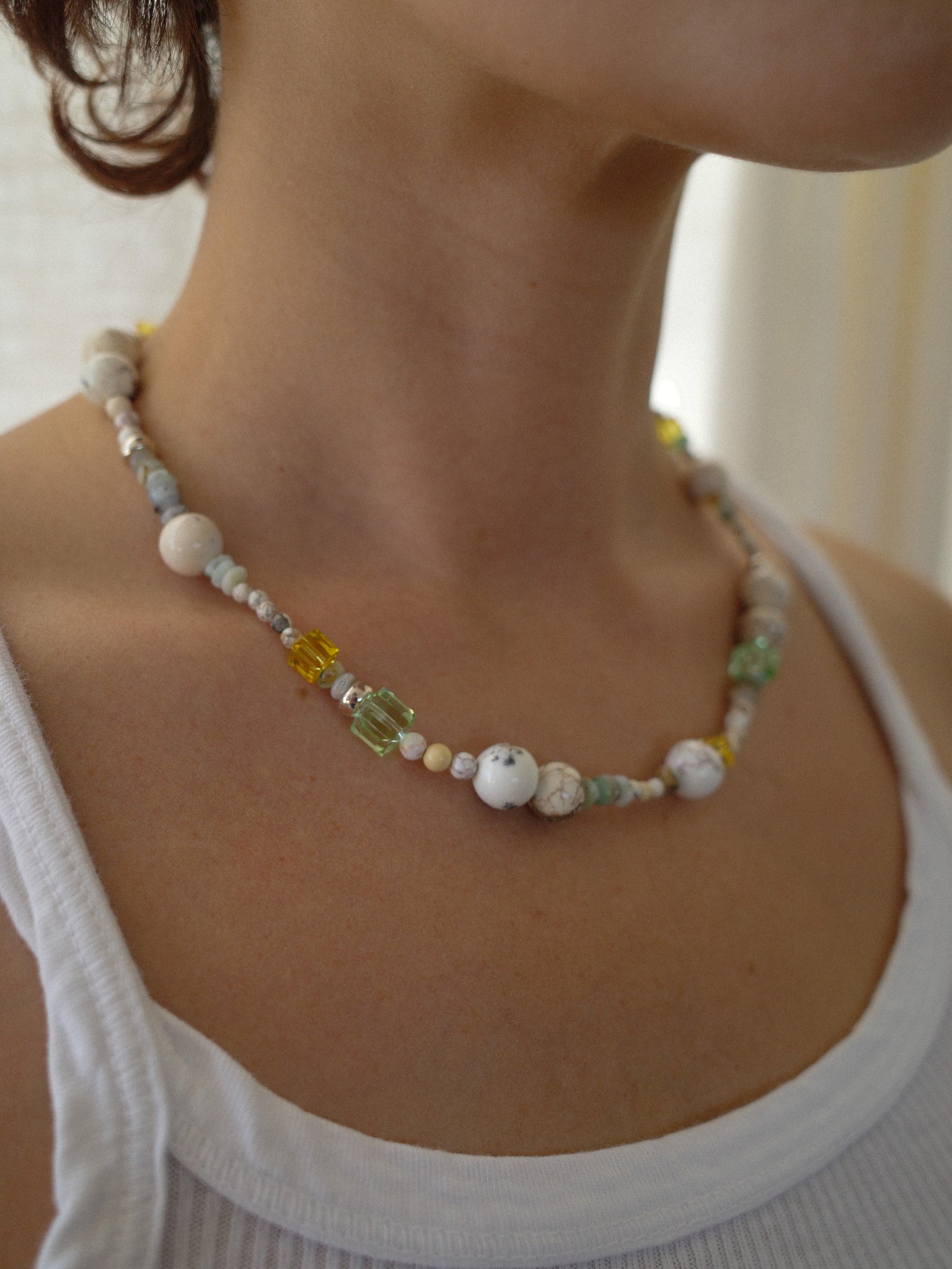 Cream Howlite Necklace With Green and Yellow Cubes
